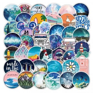 Set 50 Galácticos Stickers Viajeros Paisajes Decorativo Mar